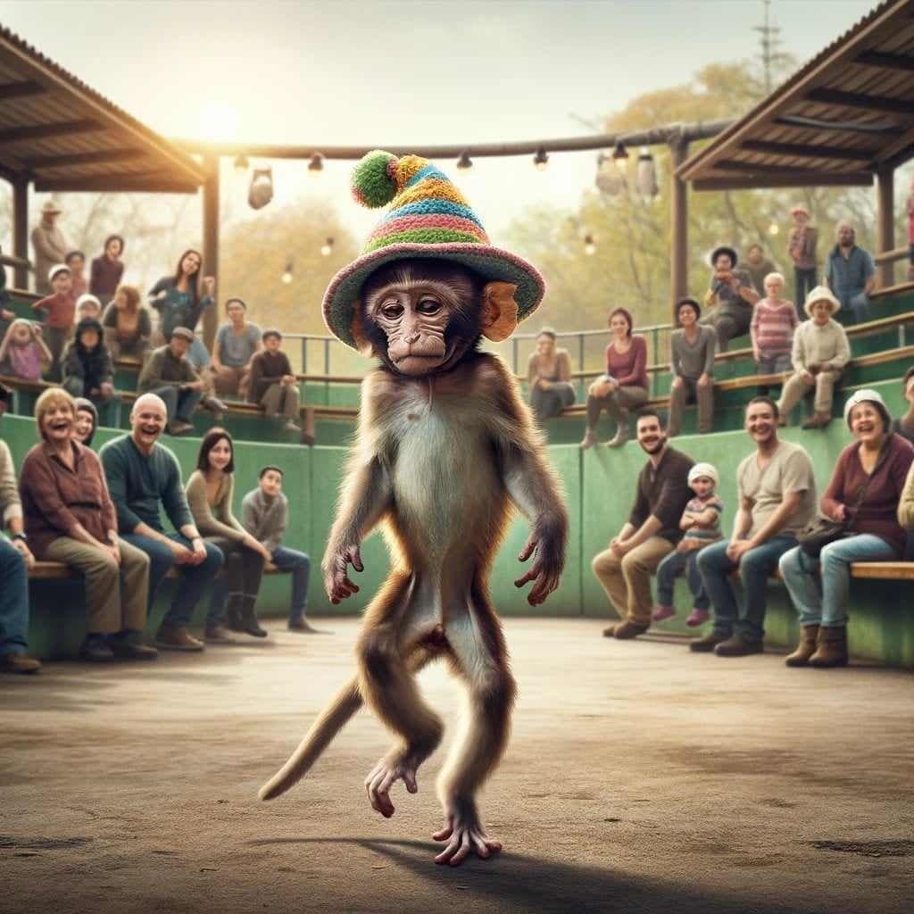 A sad monkey with a silly hat on dances for a laughing crowd.