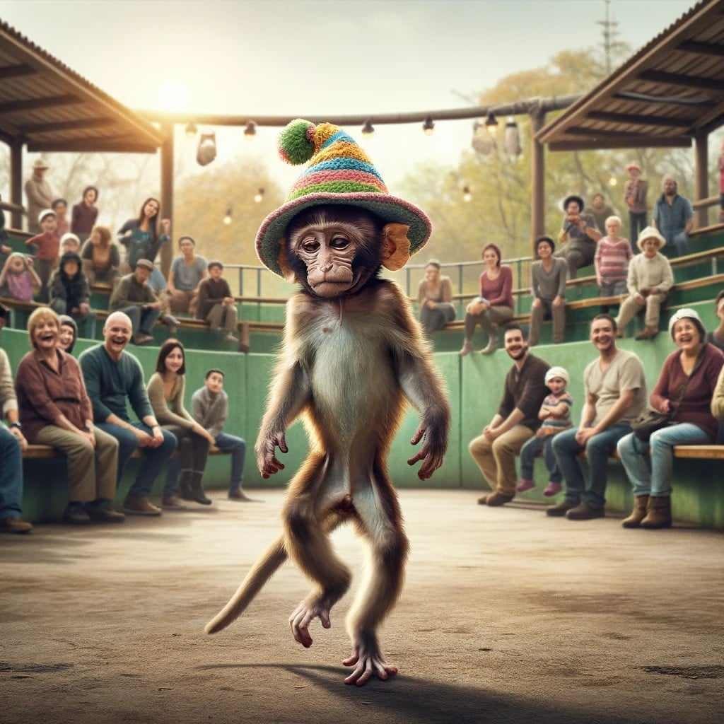 A sad monkey with a silly hat on dances for a laughing crowd.
