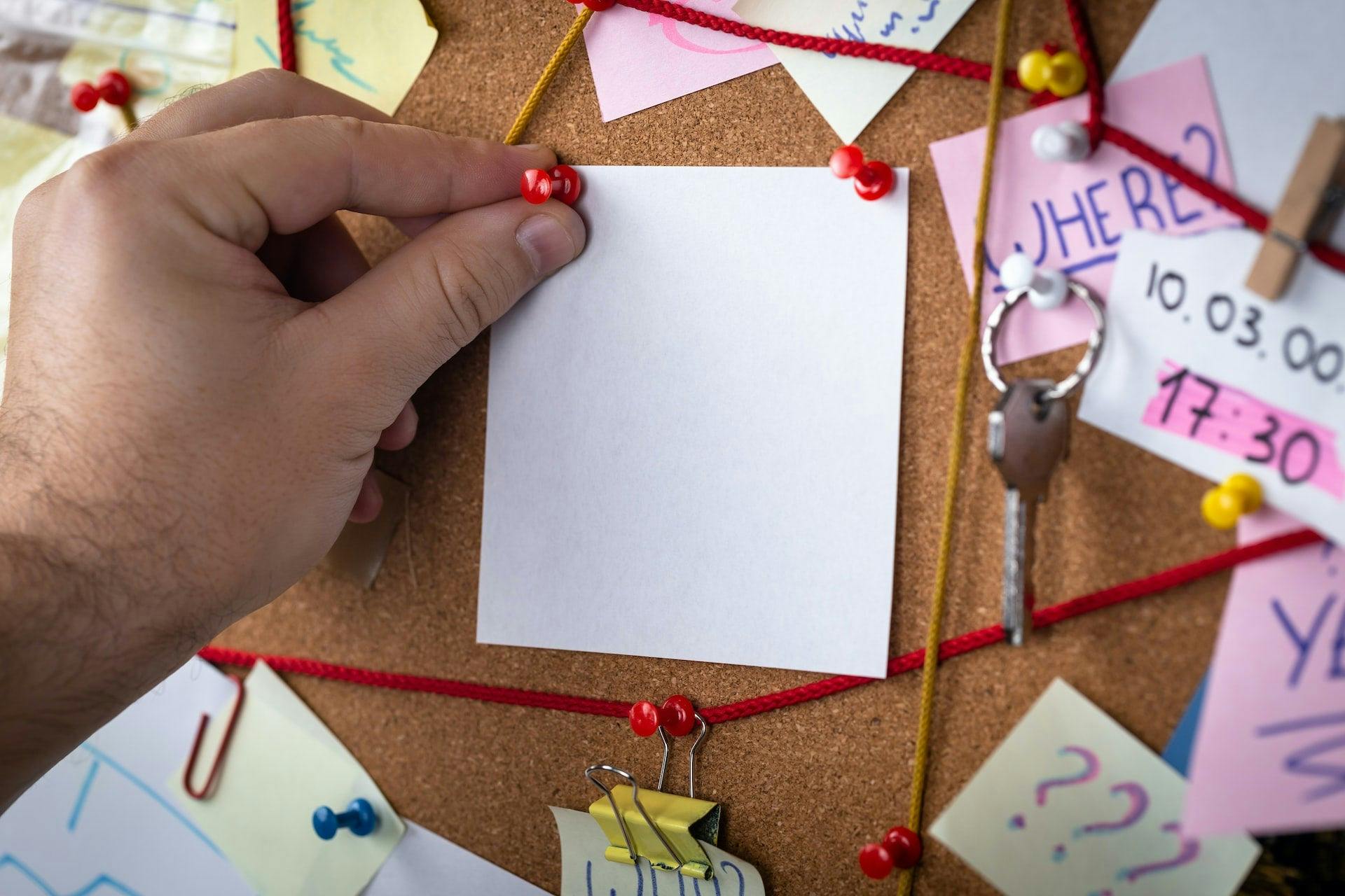 Hand pins a sticky note to a cork board with thread connecting different items and clues